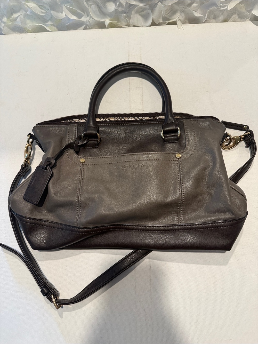 Women's Two-Tone Leather Satchel in Gray and Dark Brown - Designer Style